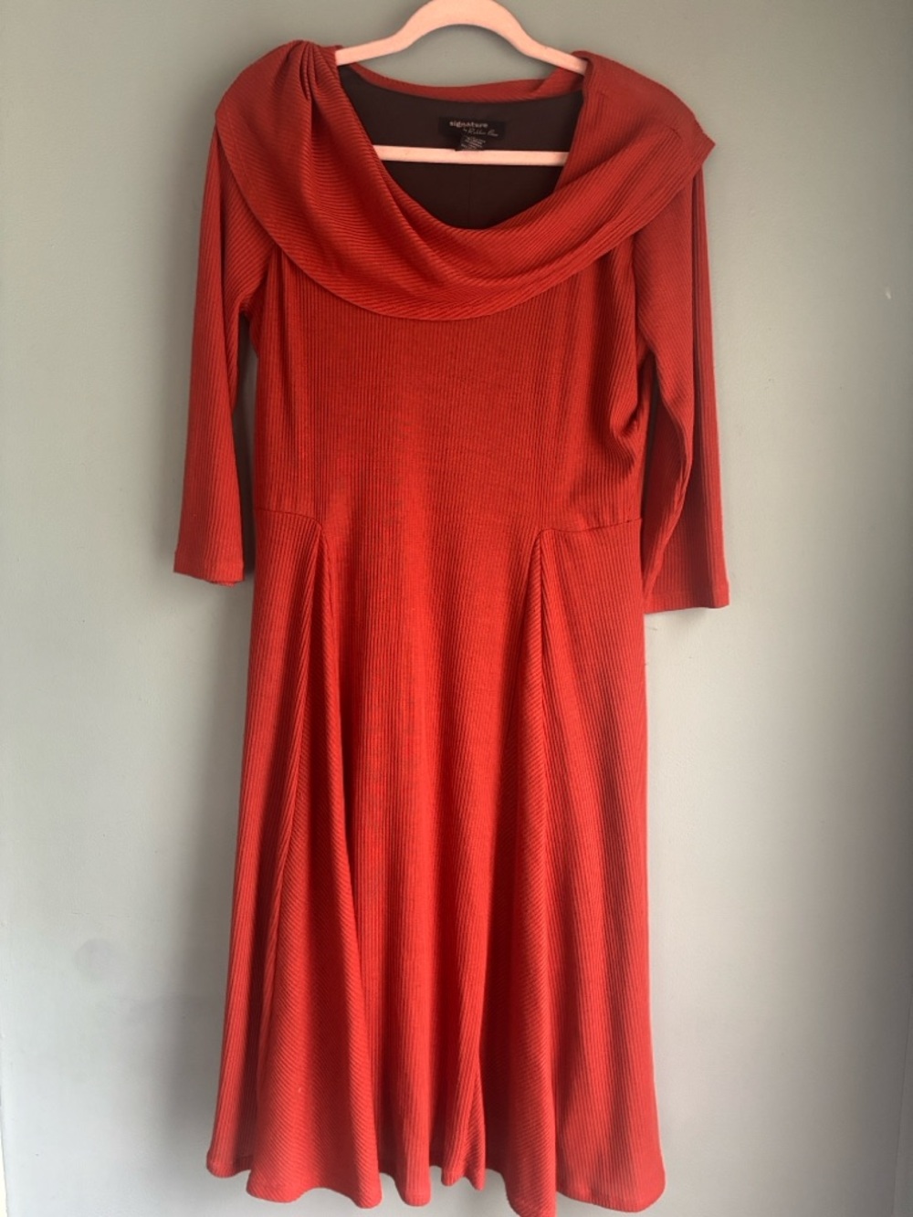 Signature by Robbie Bee Rust Orange Long-Sleeve Cowl Neck Dress